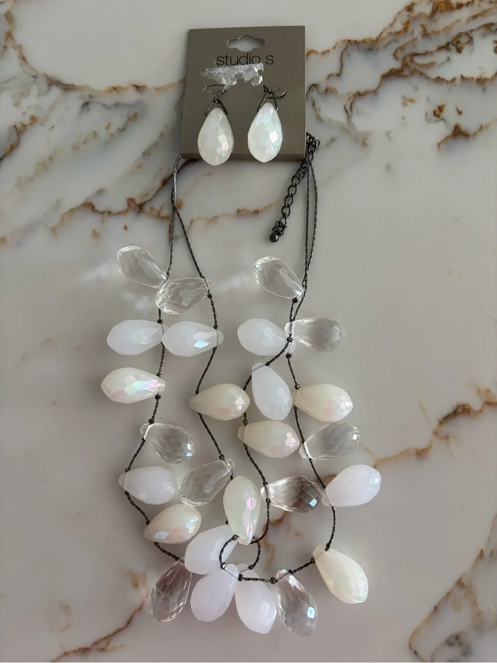 Studio Iridescent White & Clear Teardrop Necklace with Matching Earrings